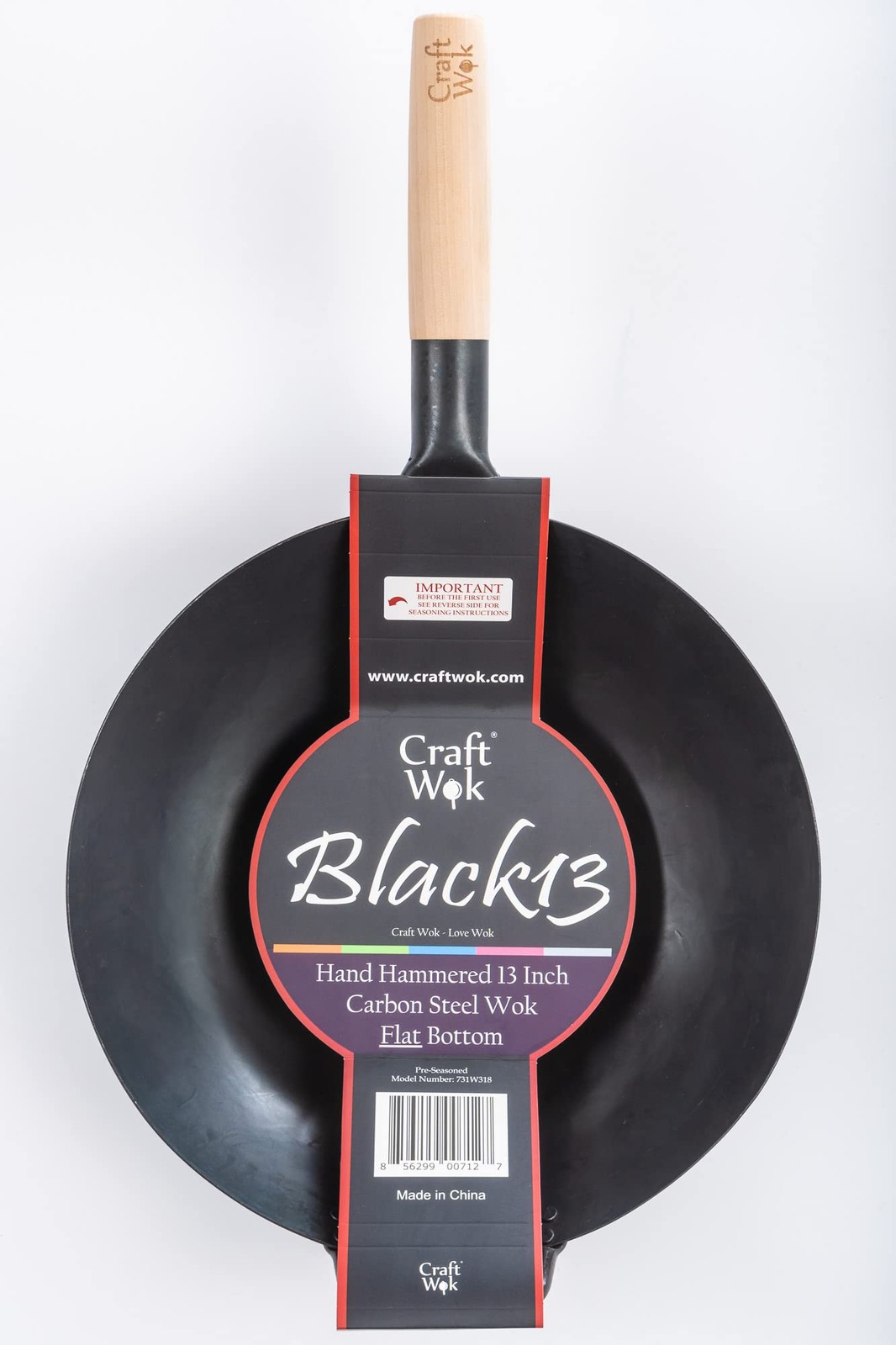 Black13 by Craft Wok Flat Pre-Seasoned Hammered Carbon Steel Wok with Wooden and