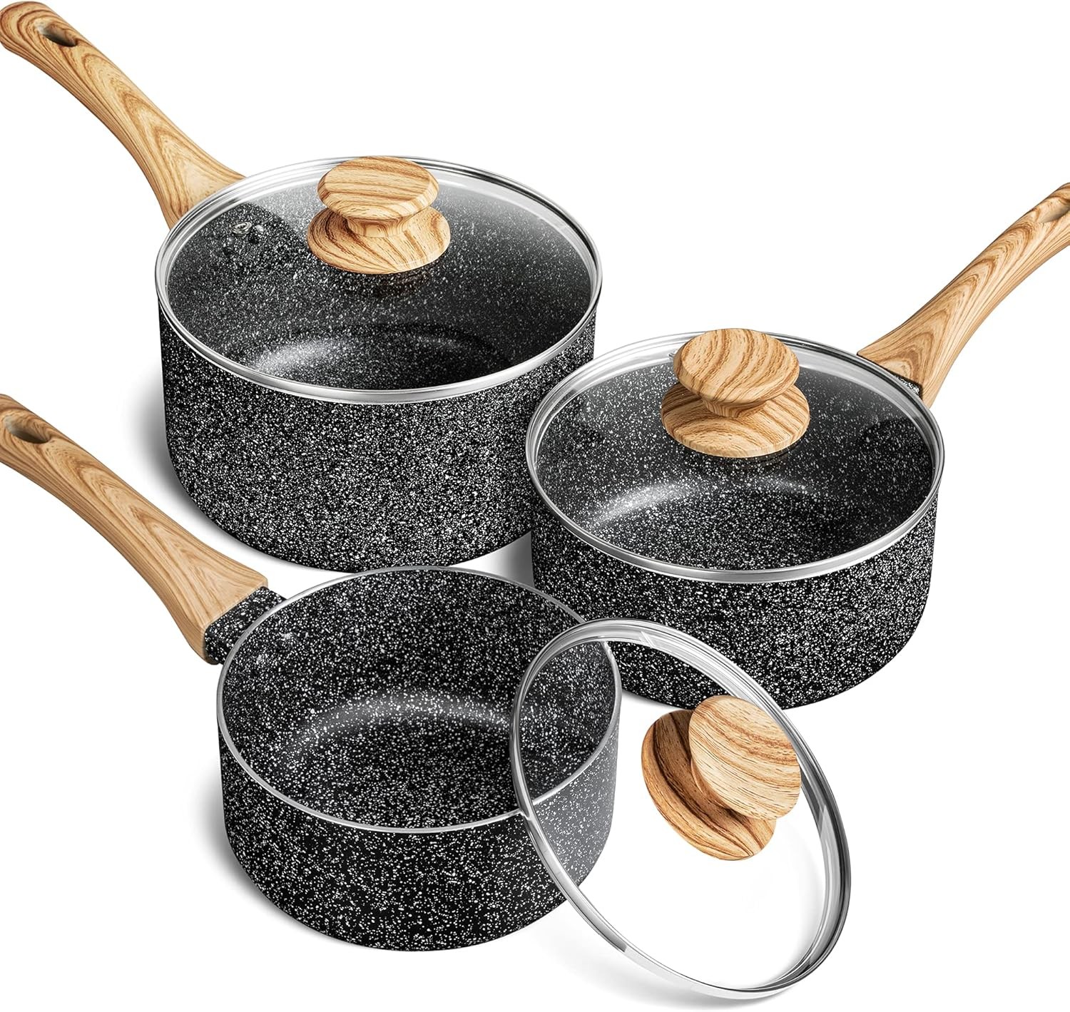 Saucepan Set 3-Piece Nonstick Sauce Pans W/ Lids 1QT 2QT 3QT Black Granite Stone