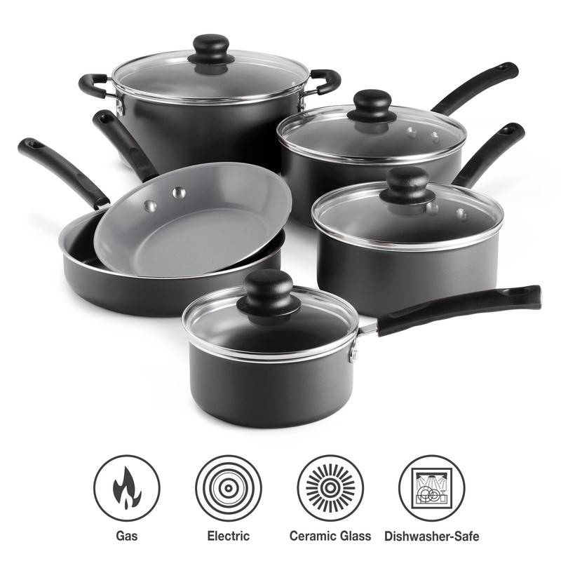 10 Piece Nonstick Ceramic Cookware Set W/ Stay Cool Handles & Glass Lids