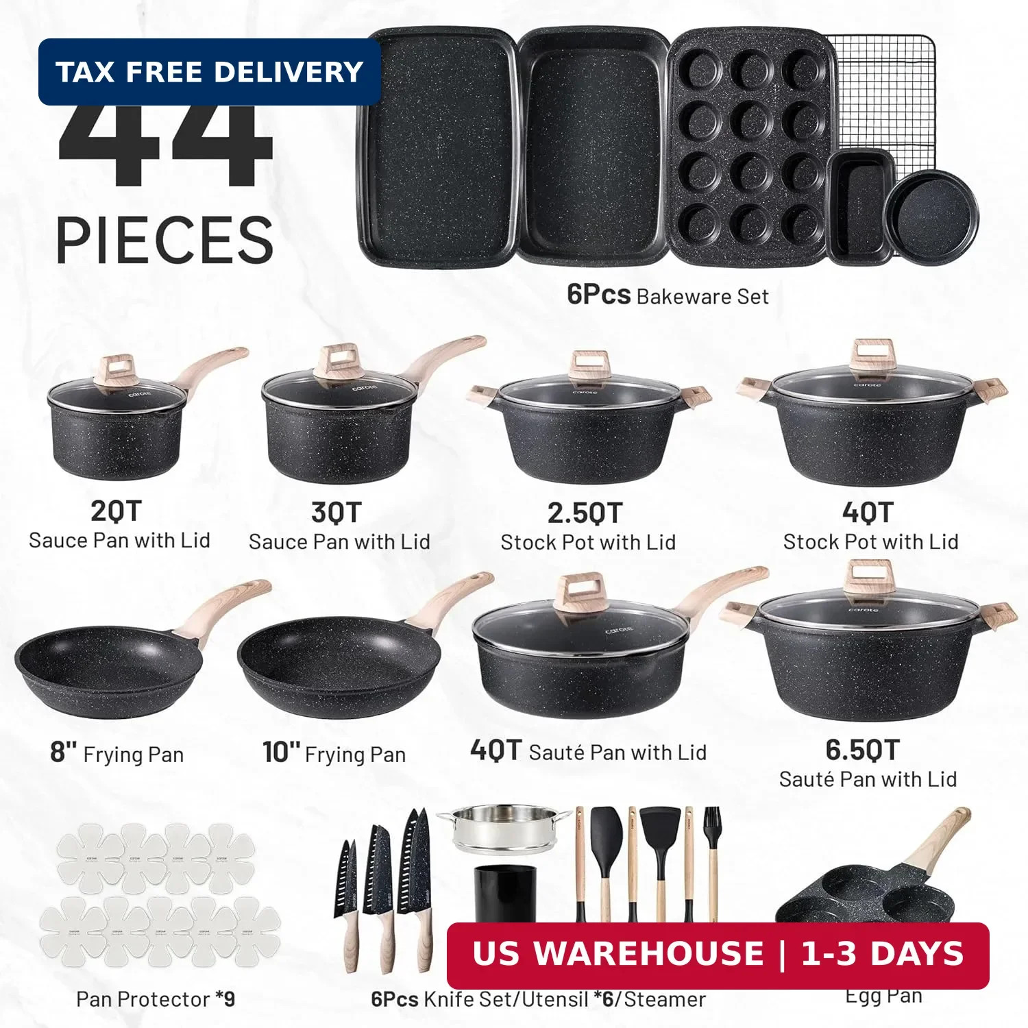 CAROTE 44pcs Pots and Pan Set Nonstick, Cookware Sets, Cooking Set Non Stick, In