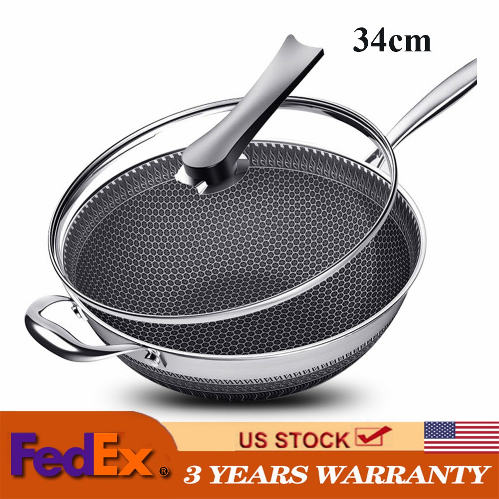 Non Stick Double Sided Honeycomb Cooking Frying Pan Wok Stainless Steel w/ Lid