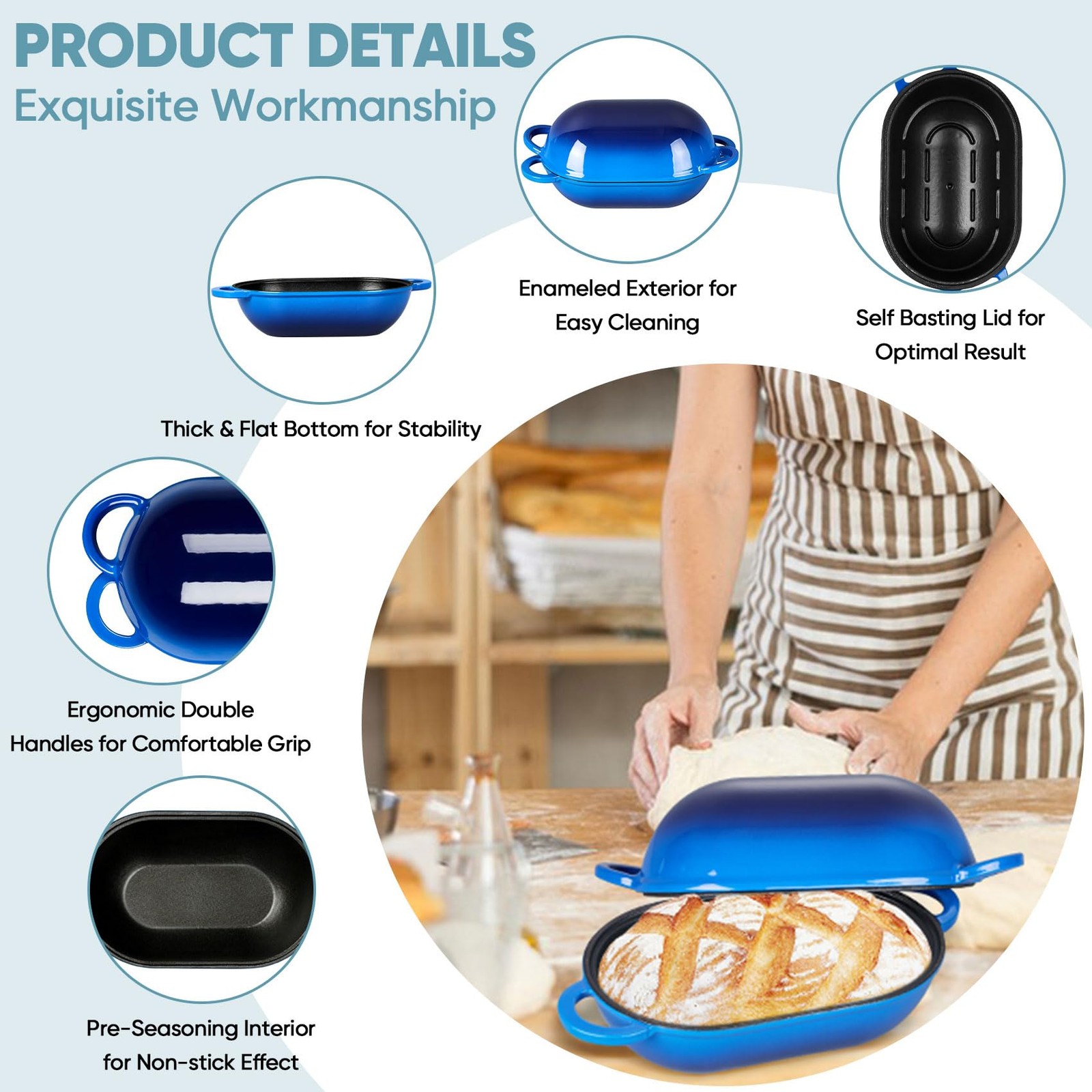 TeamFar Enameled Cast Iron Bread Loaf Pan, 2 QT Oval Dutch Oven with Lid for Sou