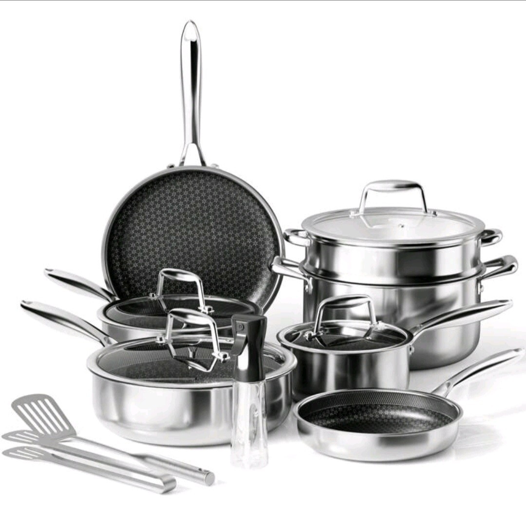 14-Piece Tri-Ply Stainless Steel Hybrid Honeycomb Nonstick Pan Set w/ Steamer