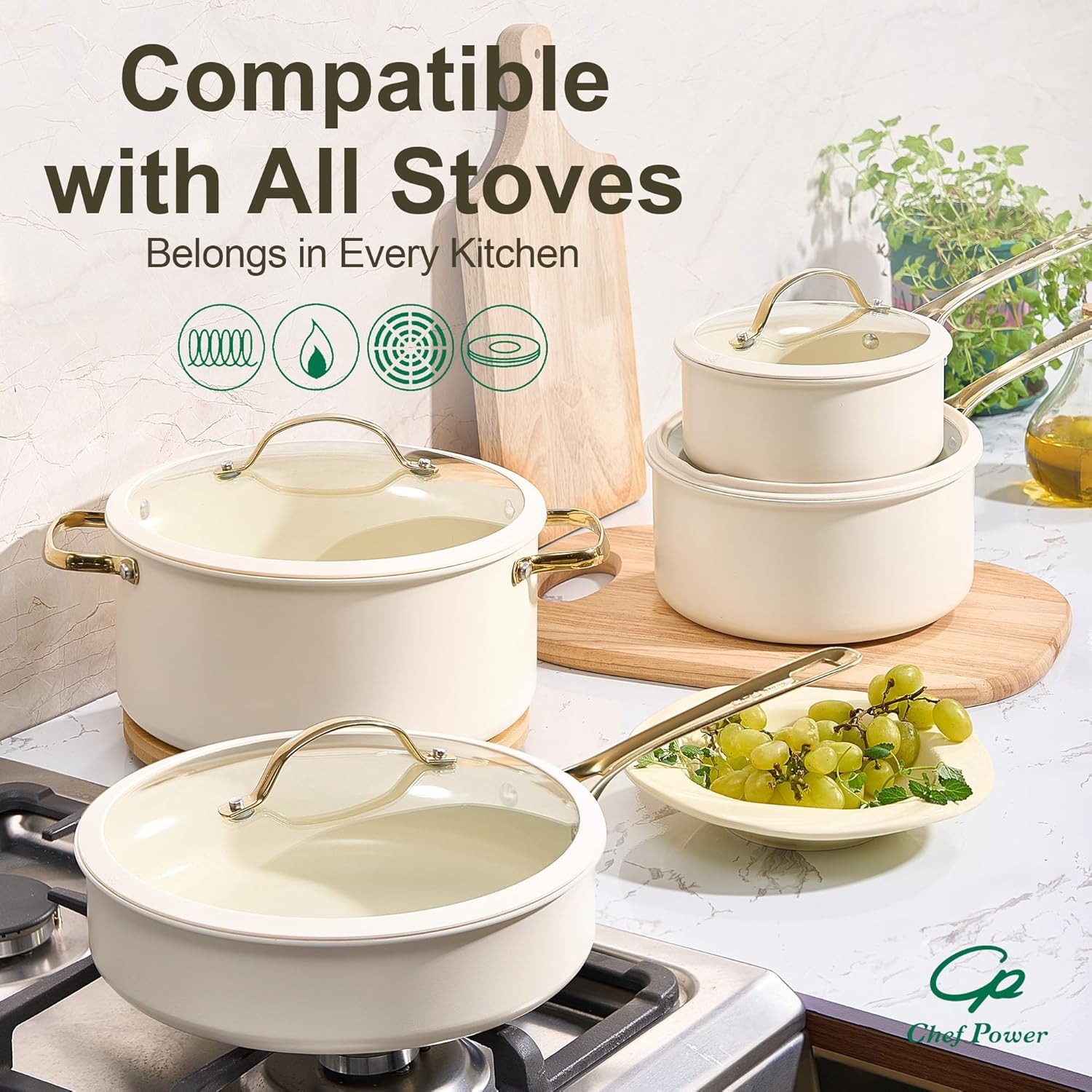 Chef Power Ceramic Cookware Sets, 15Pcs Pots and Pans Set Non Stick, Cookware Se