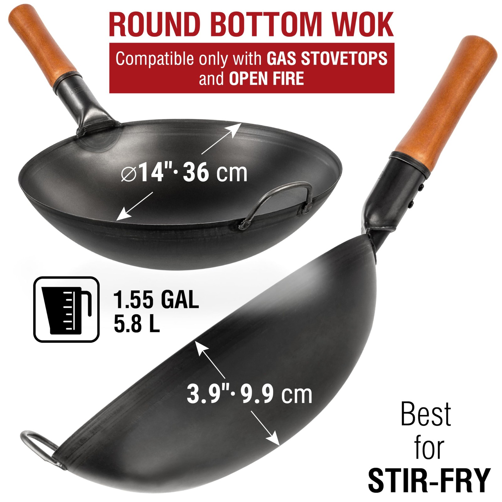 14″ Carbon Steel Wok with Round Bottom, Pre-Seasoned
