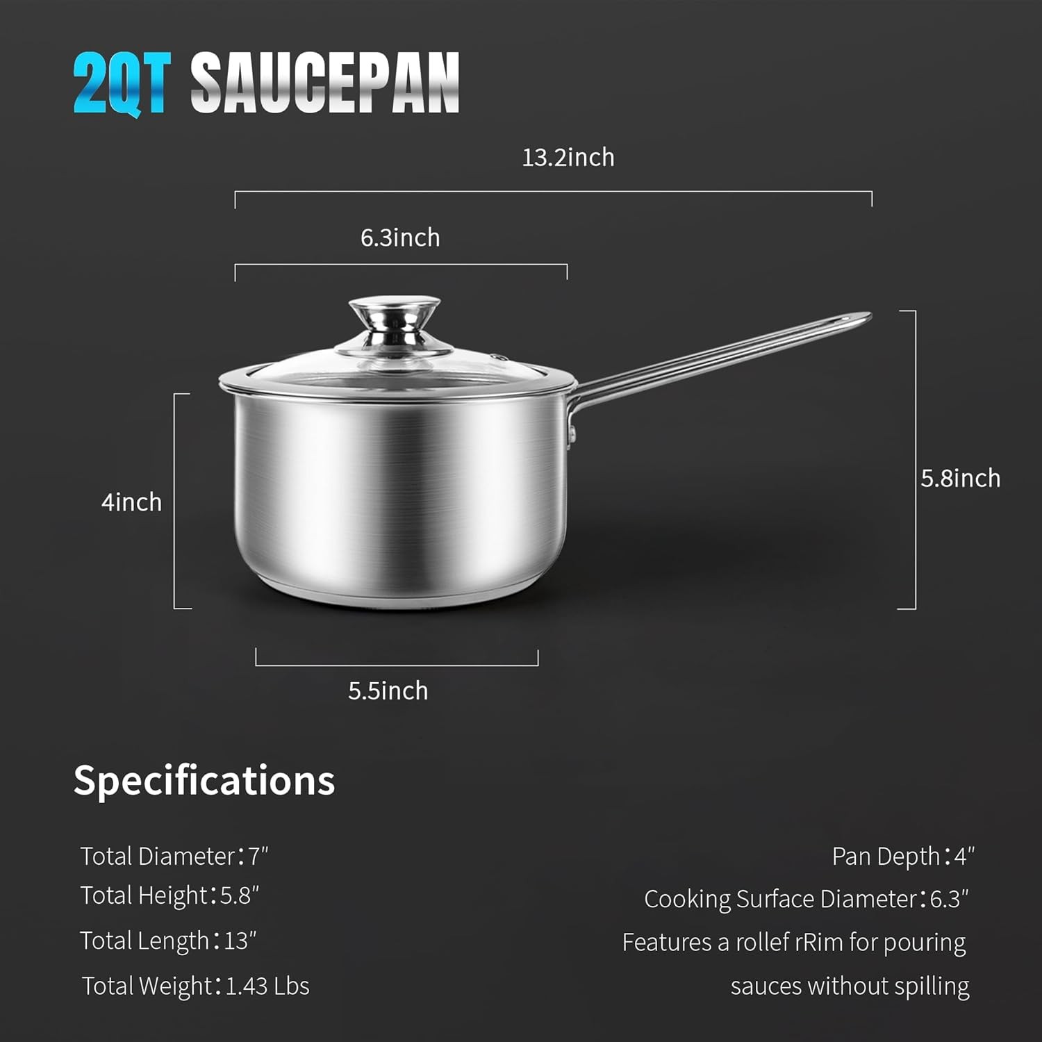 2 Quart Tri-ply Stainless Steel Saucepan with Glass Lid, Induction Sauce Pan