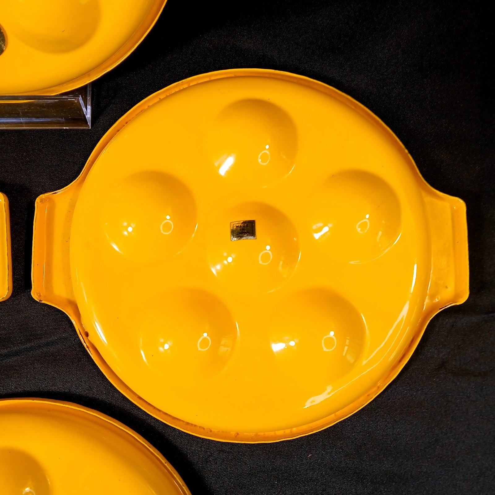 🌼 Vintage Yellow Enamel Steel Escargot Plates Japan Set 4