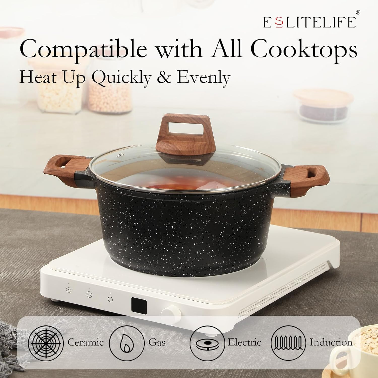 ESLITE LIFE Nonstick Stock Pot with Lid, 5 Quart Granite Casserole Large Soup Po
