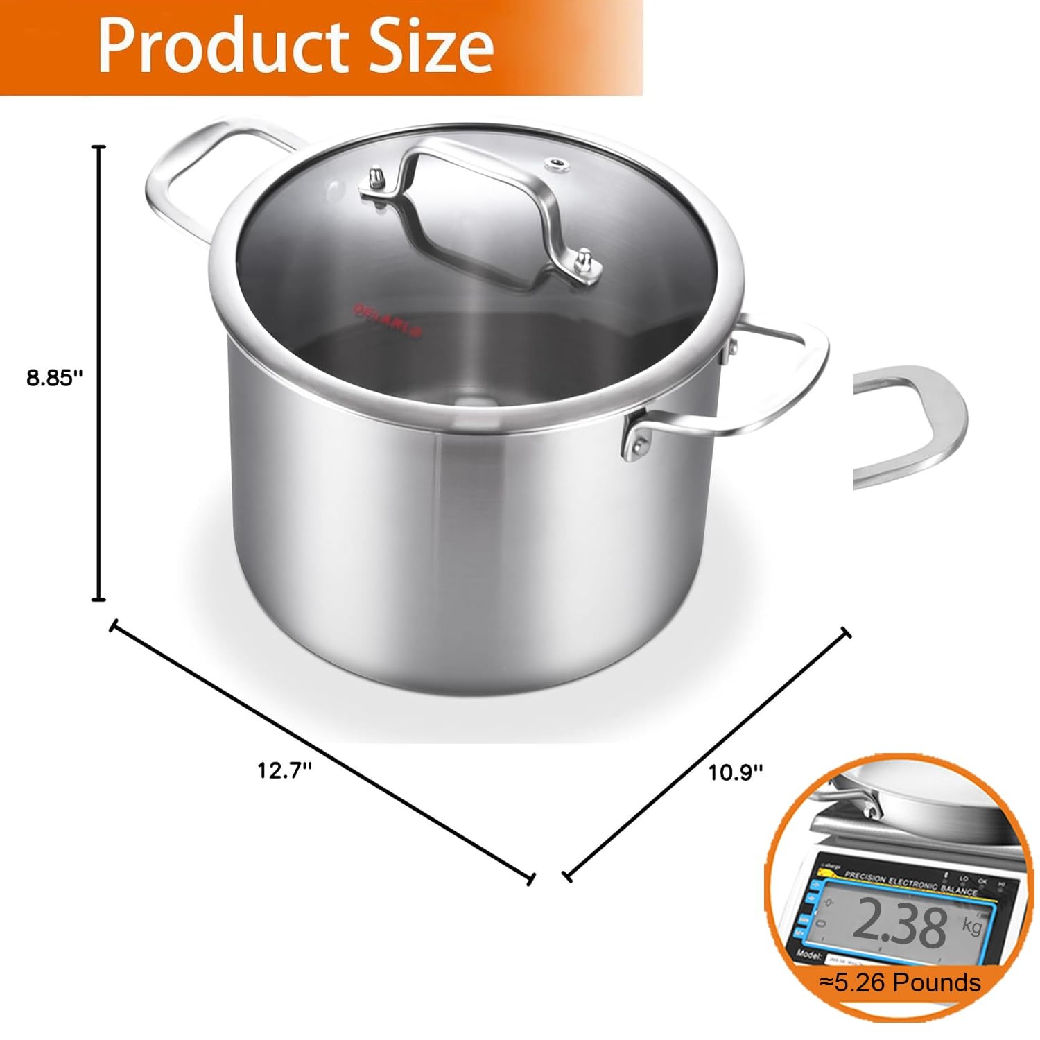 DELARLO Tri-Ply Stainless Steel 8 Quart Stock Pot, Heavy-Duty, All Stove Comp…