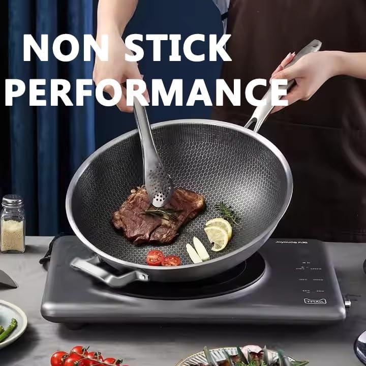 14-INCH WOK PAN HYBRID NON-STICK Stainless Steel Large Deep Woks Stir-Fry Pans