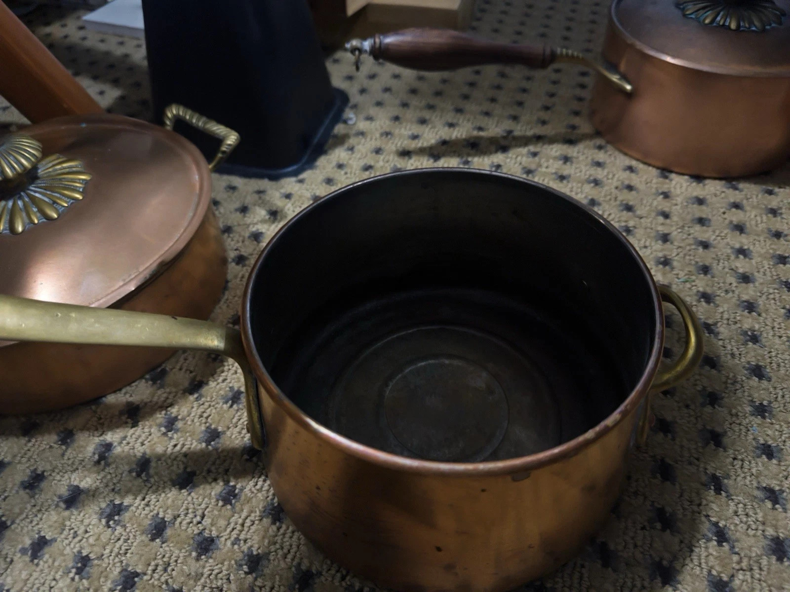 5 Pc Vintage Italian Copper Cookware Set Tin Lined Brass Handles-BEAUTIFUL