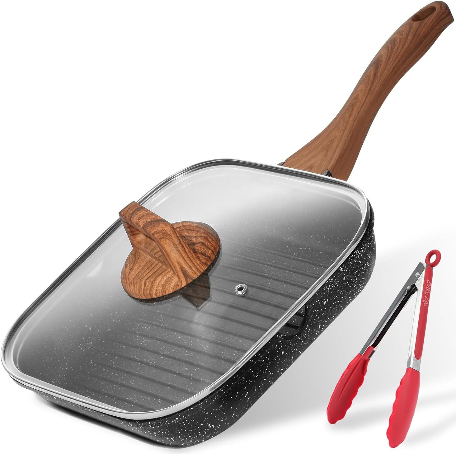 ESLITE LIFE 11 Inch Nonstick Grill Pan with Lid for 11″ w/Lid & Tongs, Black