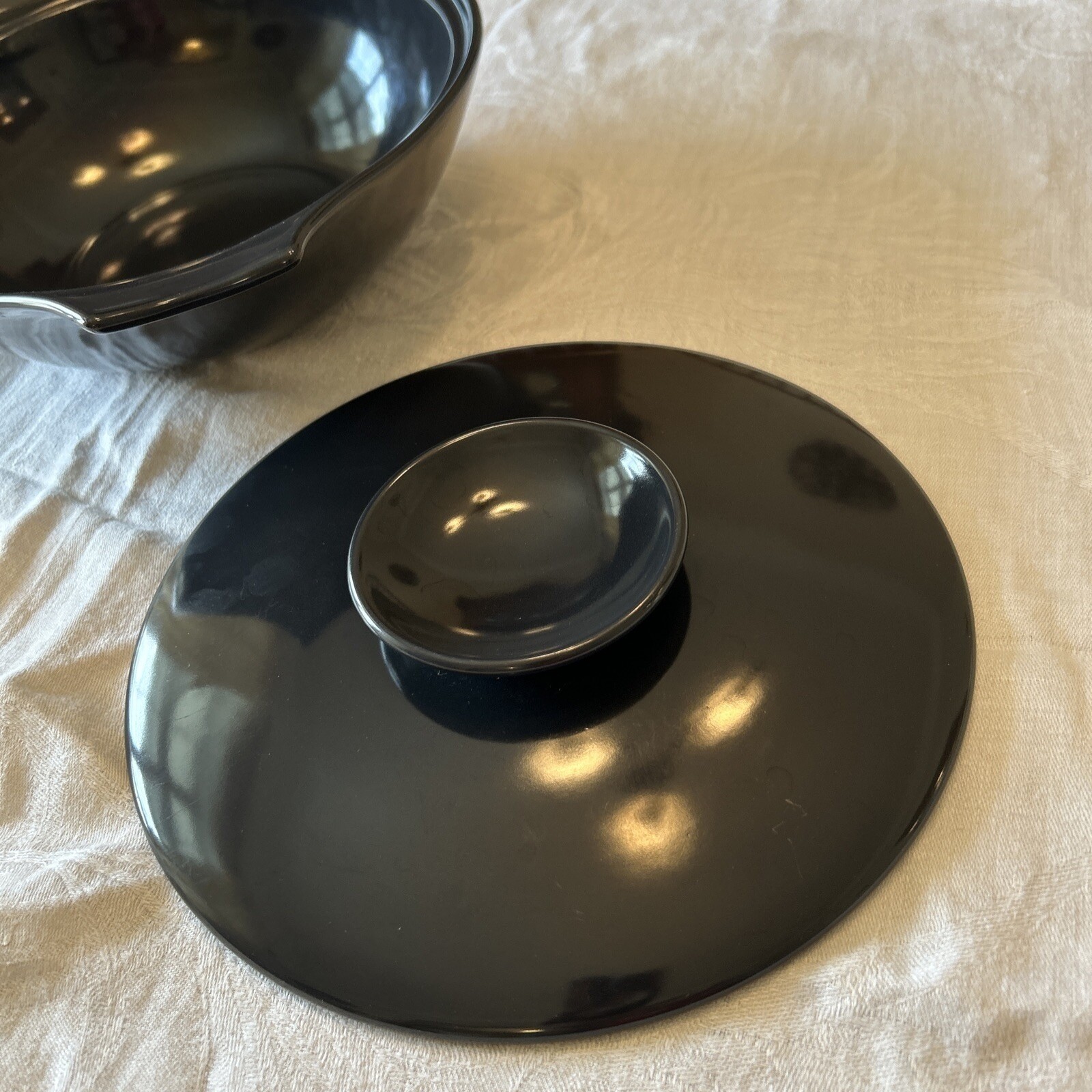 Monterey Pottery Casserole Dish OS Black Lidded Side Handles Retro Kitchen