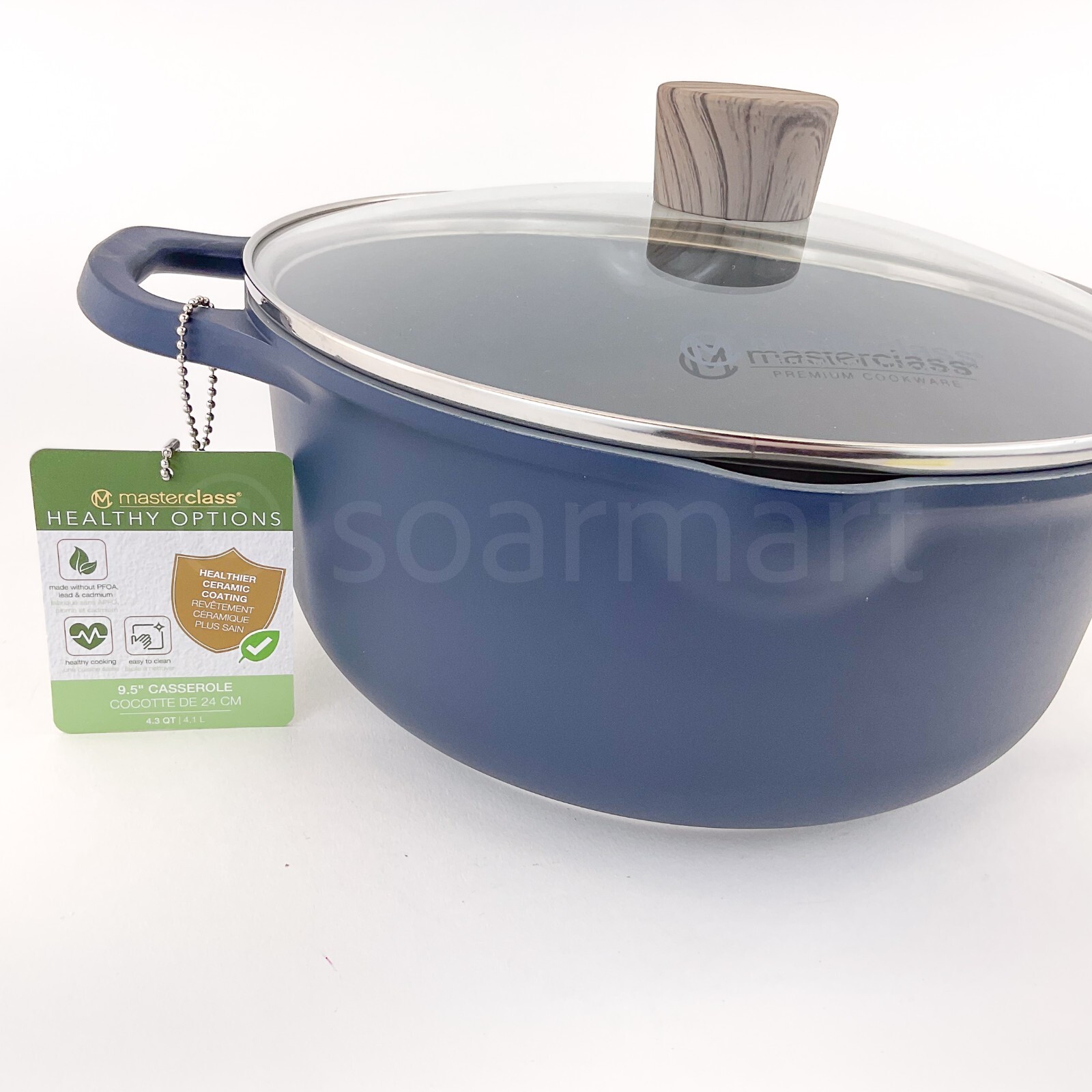 Masterclass 4.3qt 9.5″ Casserole Healthy options Ceramic Non-stick Blue + Gray