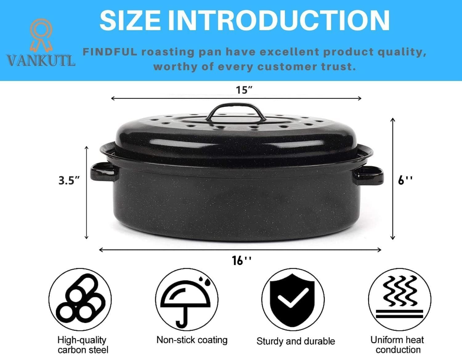 16 Inch Roasting Pan with Lid – Covered Oval Roaster – Enamel Carbon Steel Ro…