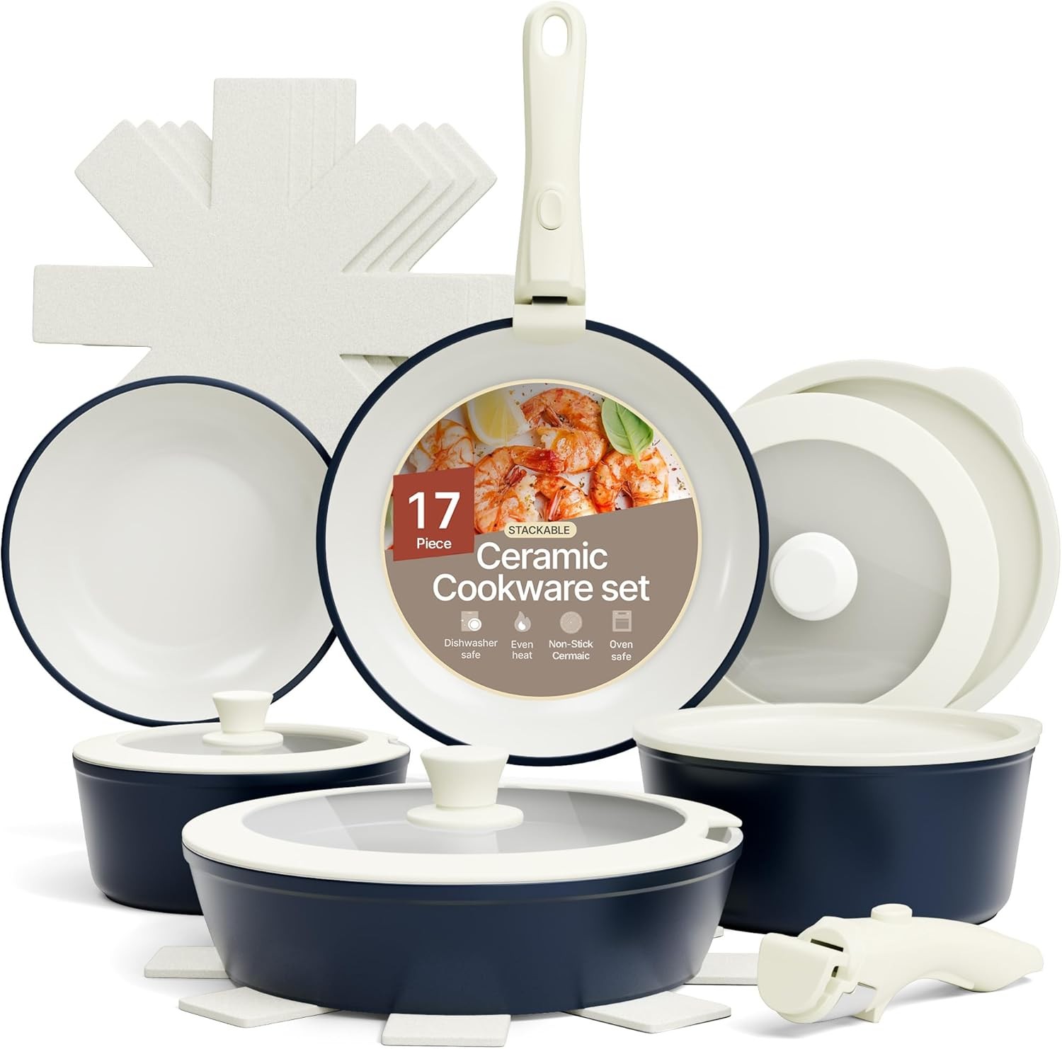Bakken 17-Piece Ceramic Coated Aluminum Cookware Set, Nonstick Pots and Pans wit