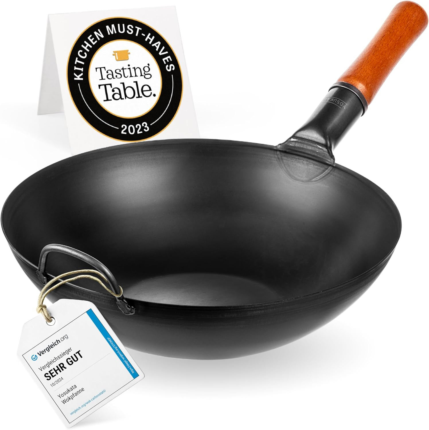 YOSUKATA 13.5″ Carbon Steel Wok Pan – Pre-Seasoned Flat Bottom Pow Wok for Stir