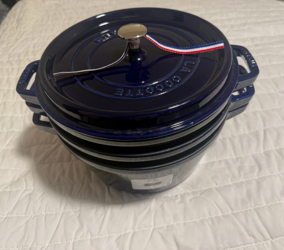 Staub Cast Iron, 5 qt, Round, dutch oven, 4-pc Stackable Set, Dark Blue