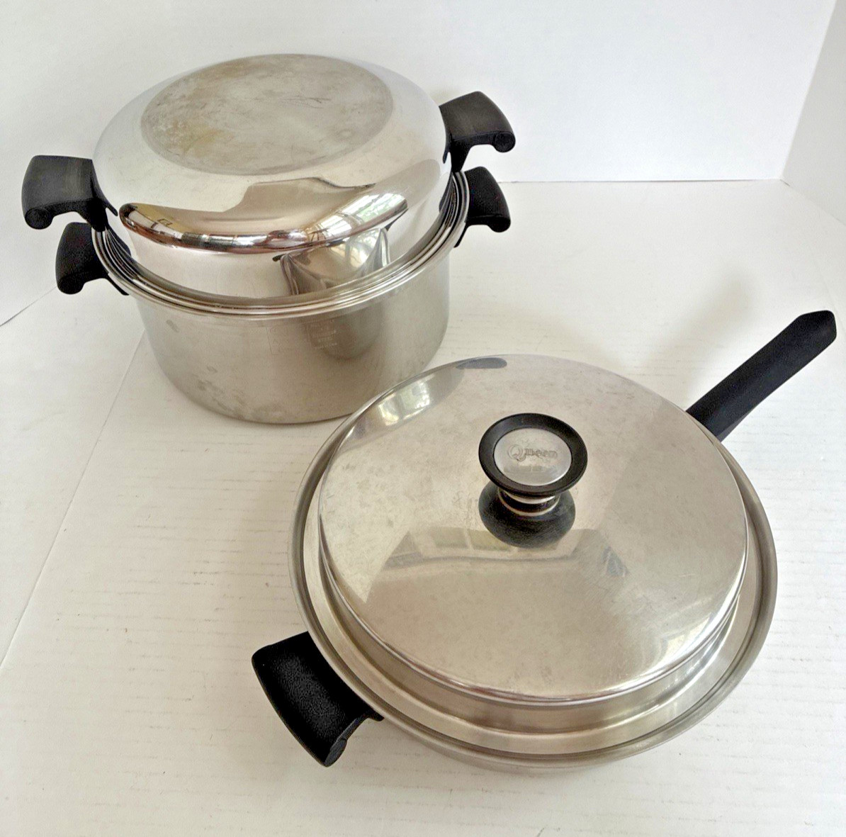 5 PC Amway QUEEN 18 8 SS Multi Ply 6qt Stock Pot Dome 11″ Fry Pan Lid Egg Insert