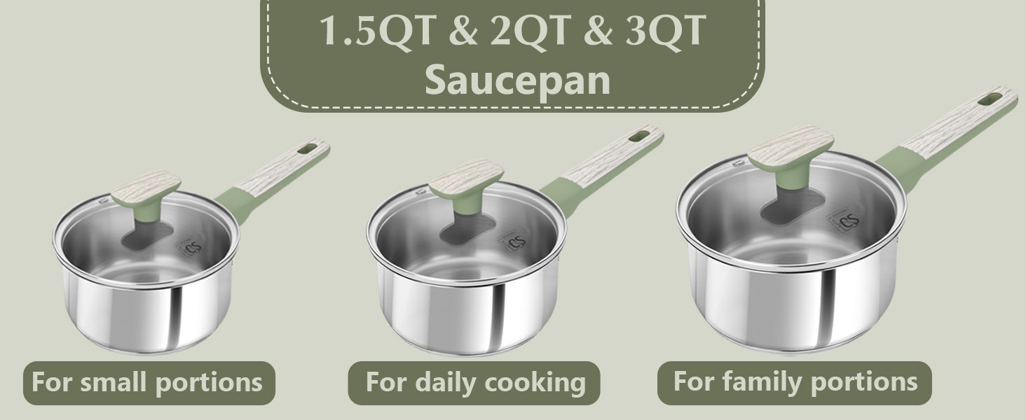 6 PCS Stainless Steel Sauce Pan Set, 1.5QT & 2QT & 3QT Stainless Steel Pot Set