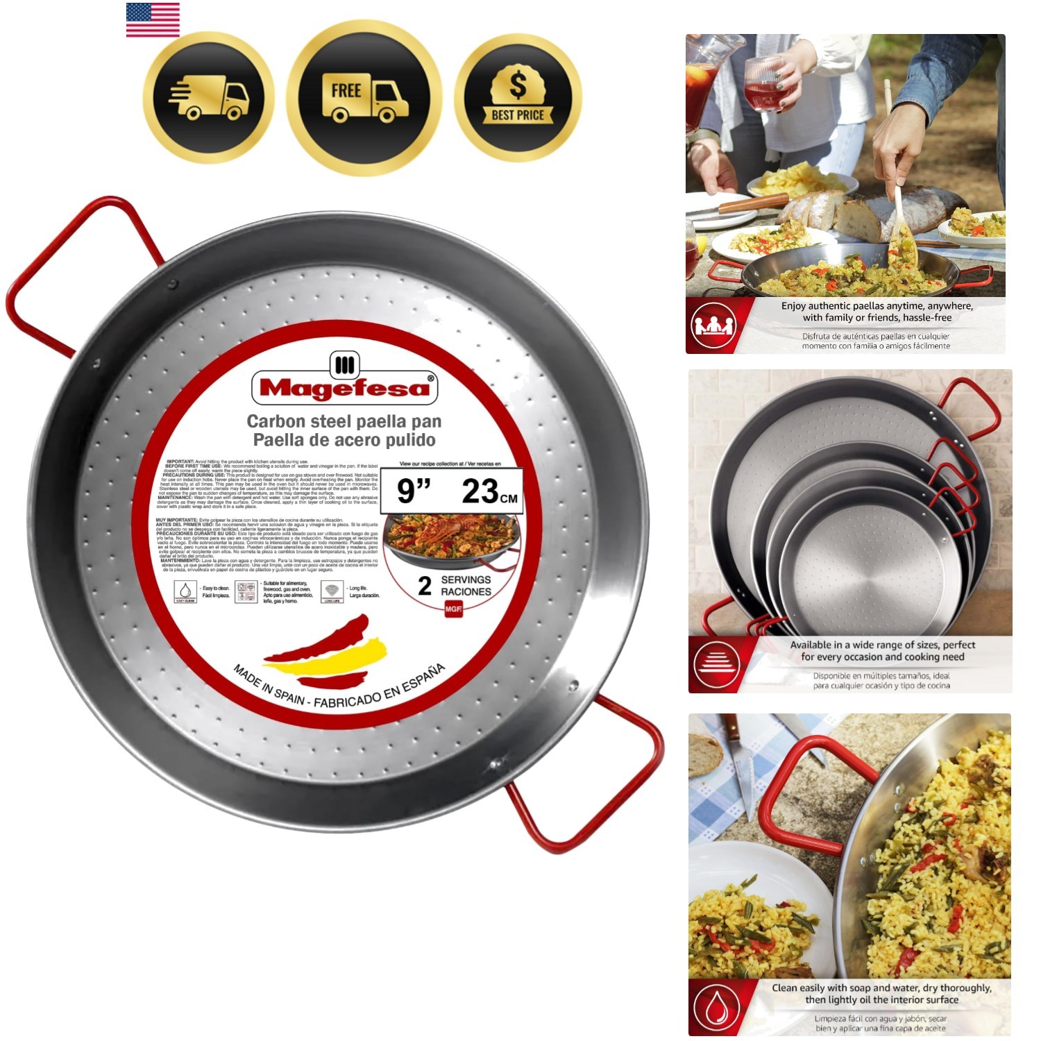 9″ Carbon Steel Paella Pan – 23 cm – 1 Serving, Durable & Lightweight with Di…