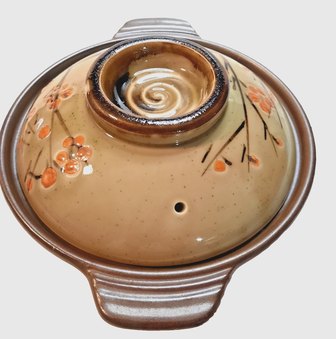 Japanese-Earhenware Donabe Cooking Pot-Hand Painted-Cherry Blossoms-Brown/Orange