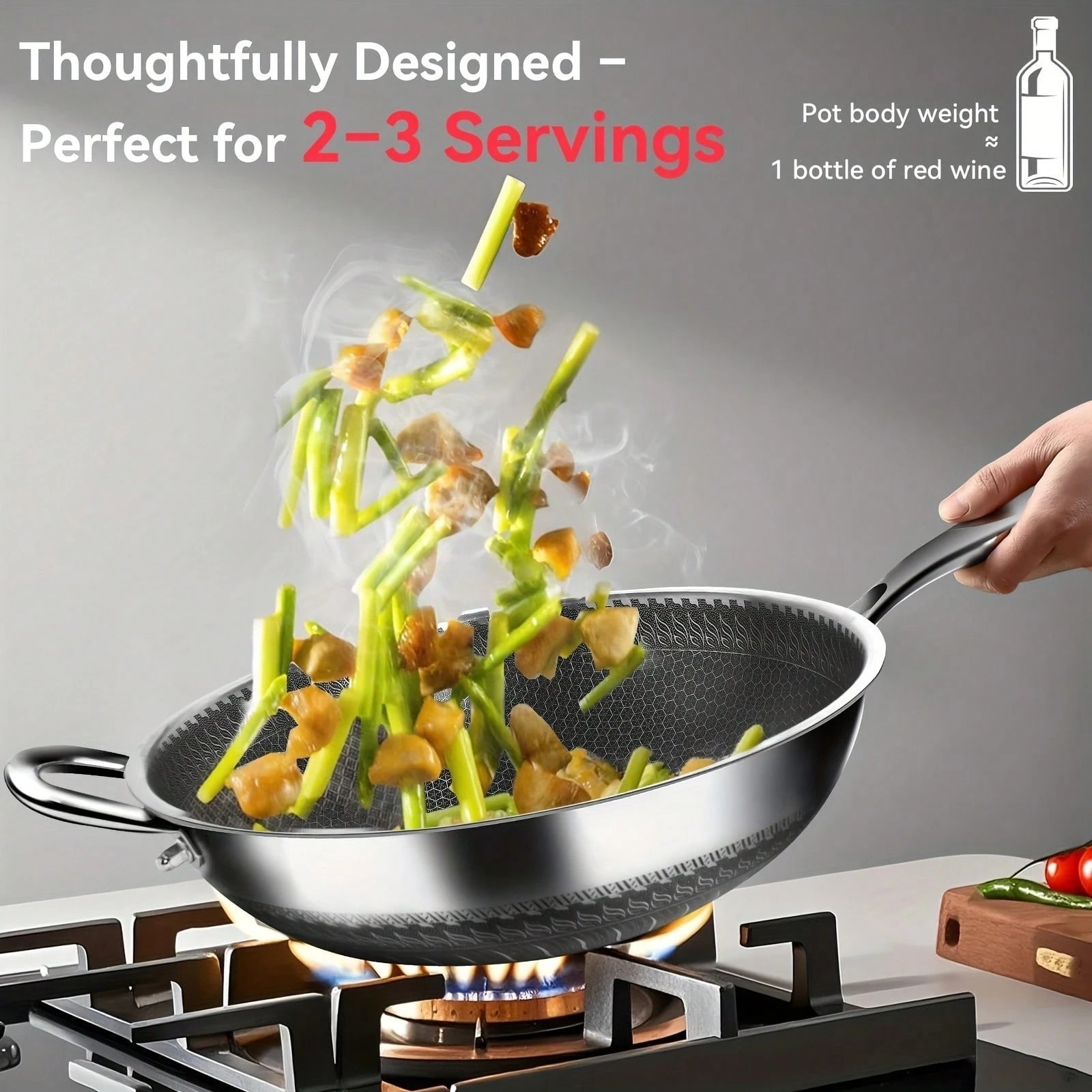 13.3″ Honeycomb Stainless Steel Wok Pan With Lid Scratch Resistant Induction