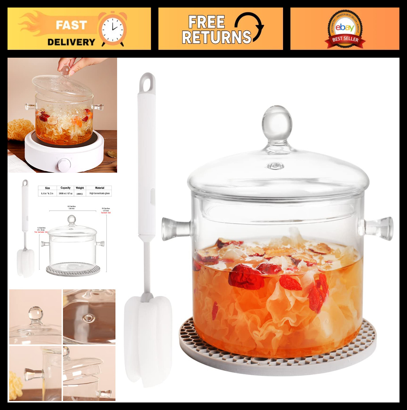 Clear Glass Cooking Pot Set – 1.9L Simmer Pot for Pasta, Soup, Milk – Safe Cookw