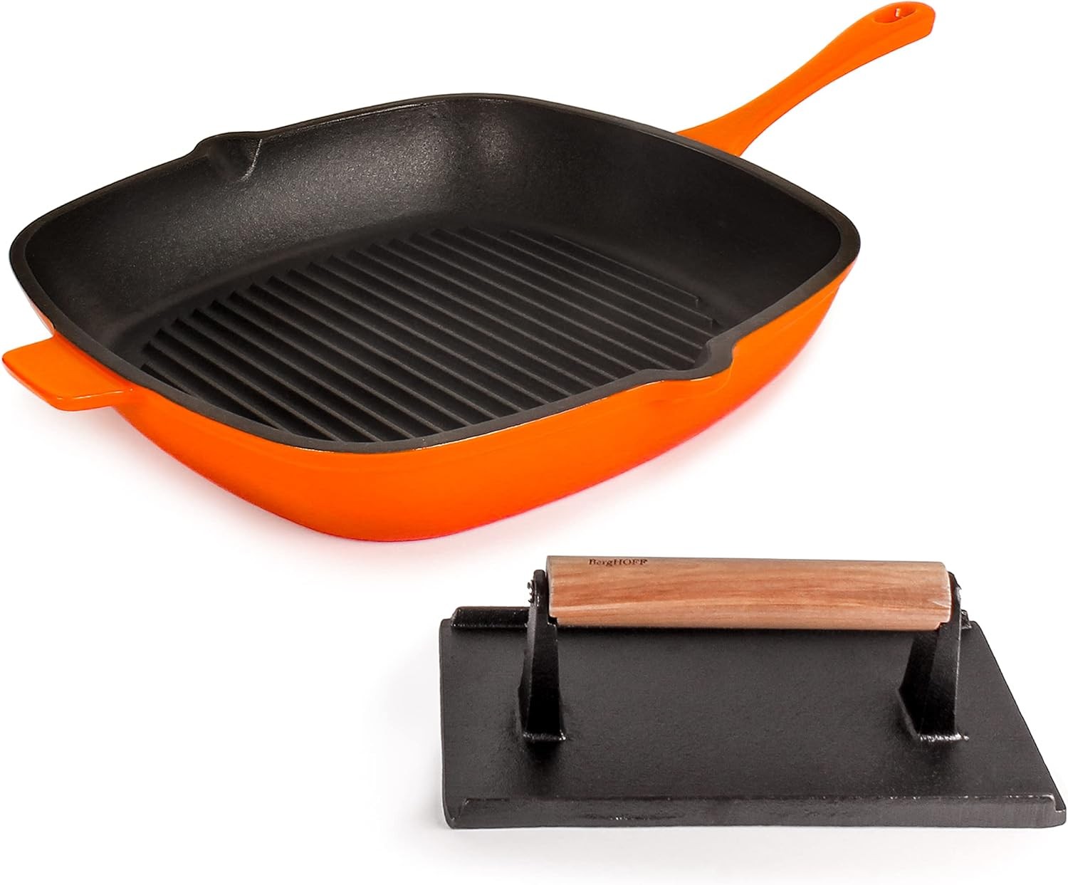 Neo 2Pc Enameled Cast Iron Grill Set Grill Pan 11 inches Bacon/Steak Press