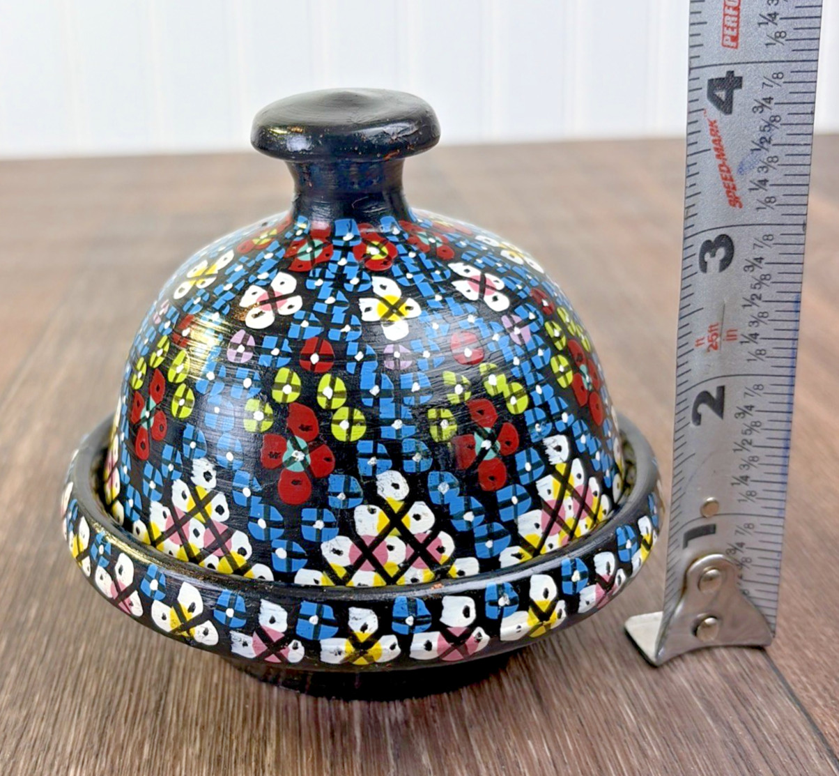 Hand Painted Moroccan Terracotta Clay Pottery Tagine Dish 4″ Signed Trinket
