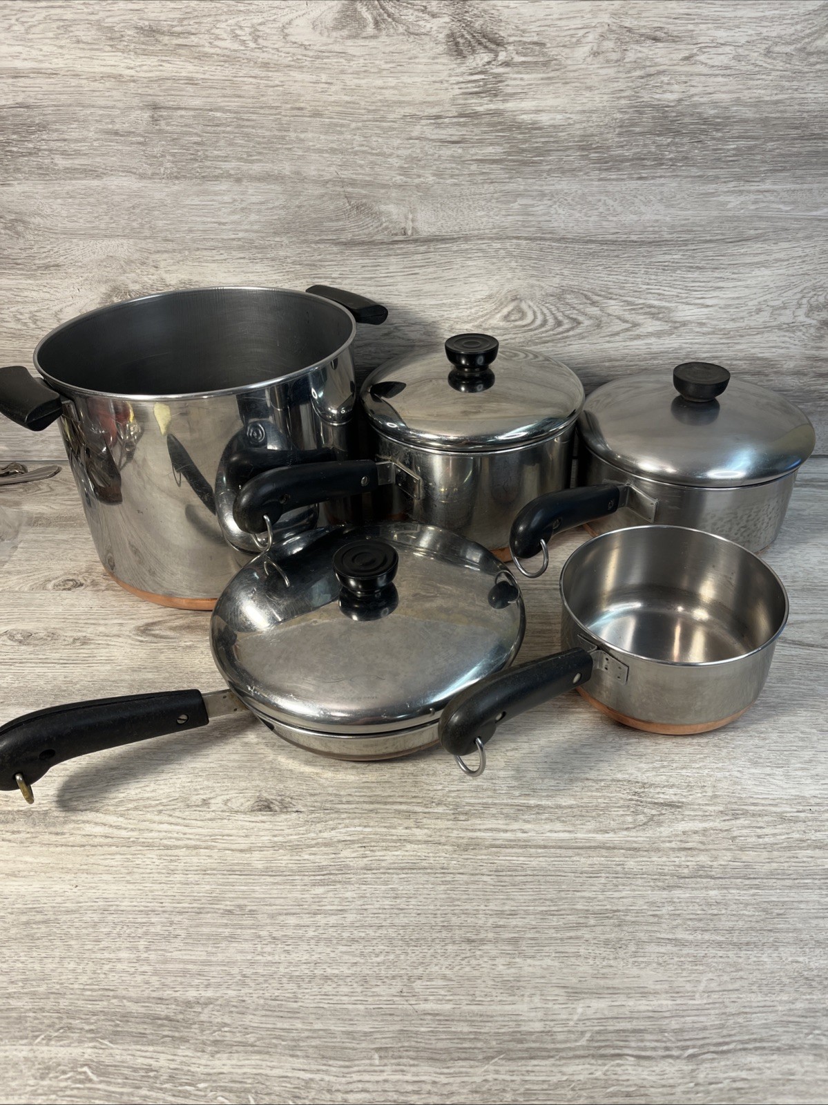 1801 Revere Ware Cook Set 8 Pc Copper Bottom Saucepan Stock Pot Assorted VTG #1