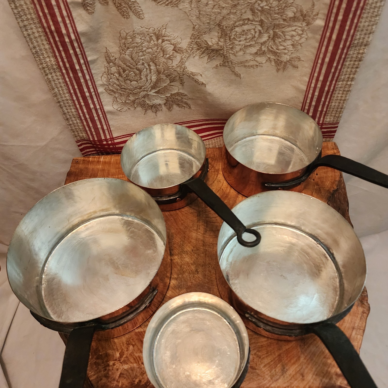 Antique Five Piece Set of Copper Saucepans 12-20cm 4.75-8 inch diameters 9.5lb