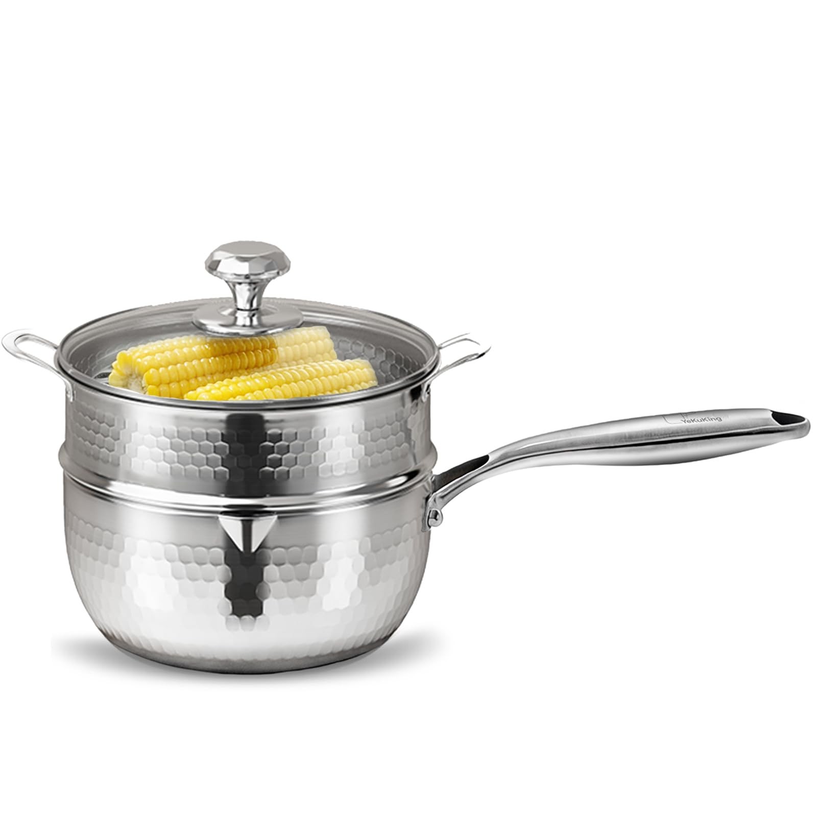 2 QT Tri-Ply Stainless Steel Hammered Saucepan with Steamer Visible Lid and P…