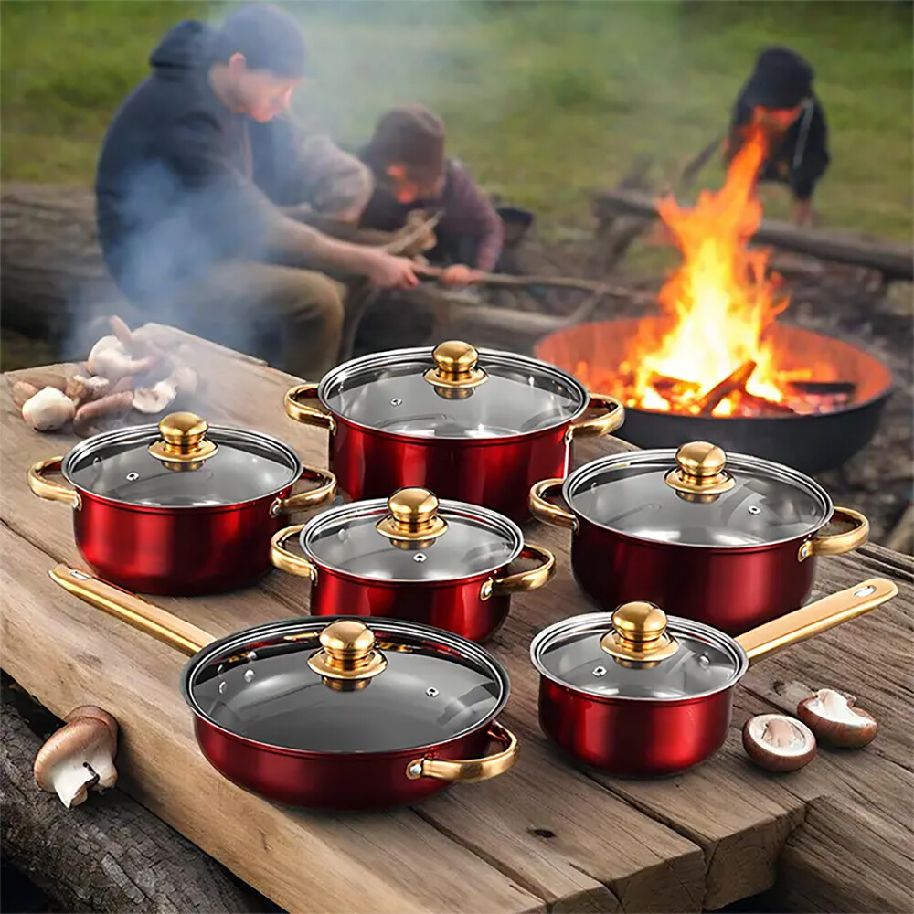 12 Piece Cookware Set Nonstick Pots and Pans Home Kitchen Cooking Non Stick Red