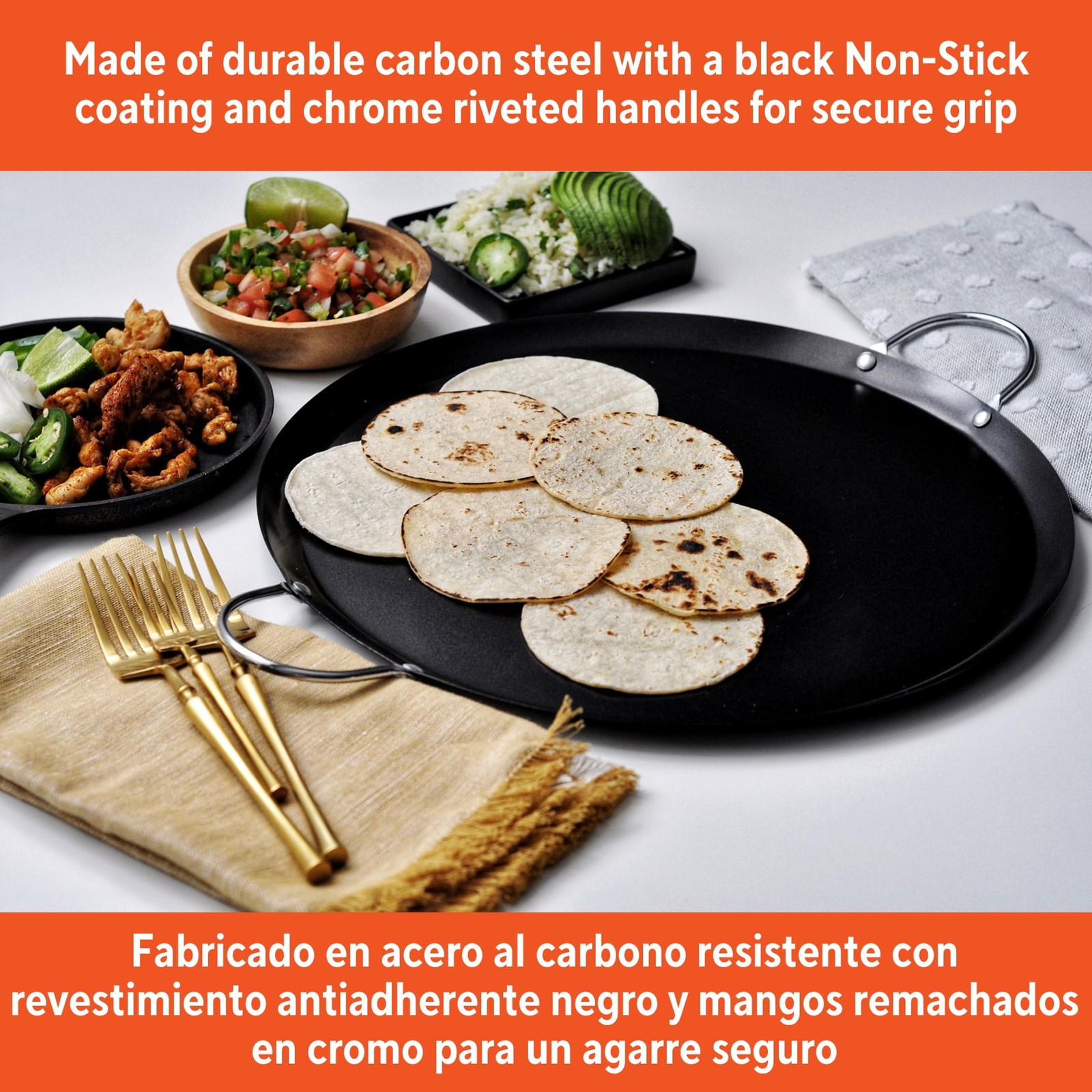 13.5in Carbon Steel Nonstick Round Comal with Metal Handles, Black Fast delivery