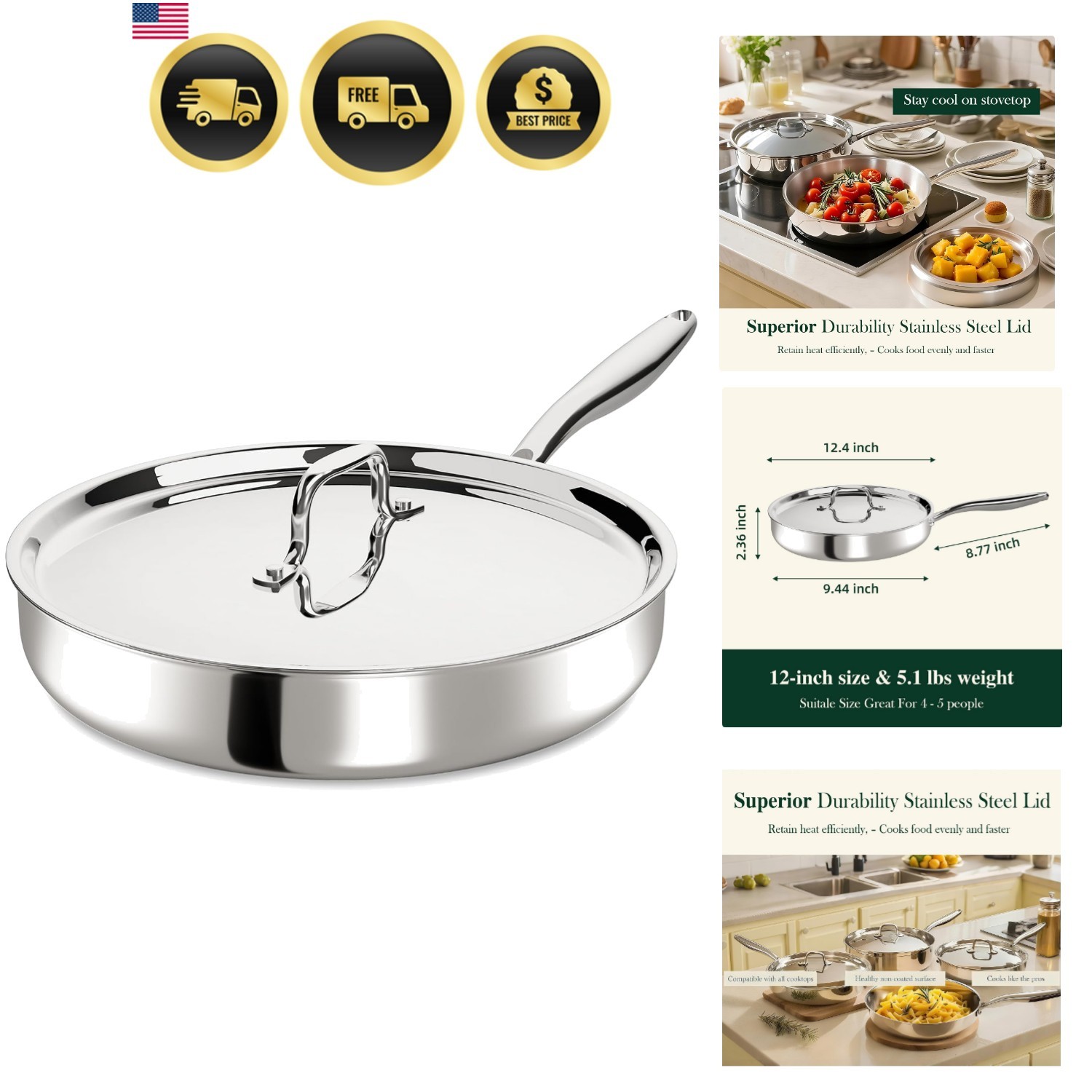 12 Inch Tri-Ply Stainless Steel Frying Pan, Frying Pan with Lid, PFOA/PTFE Fr…