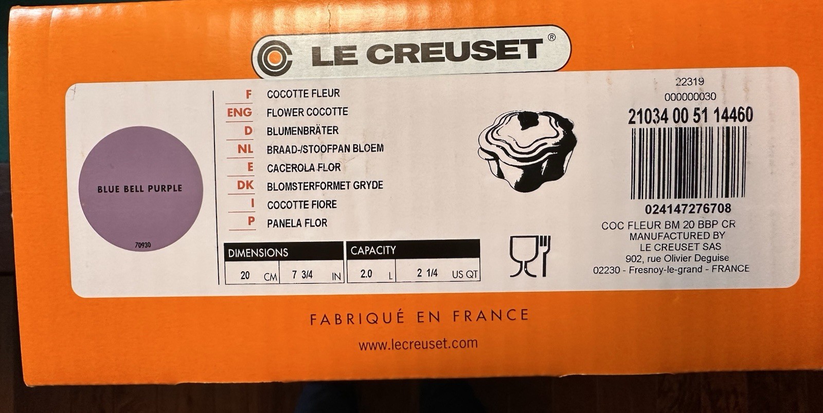 Le Creuset Flower Cast Iron Cocotte 2.25 Qt. Blue Bell Purple w/Flower Knob. NIB