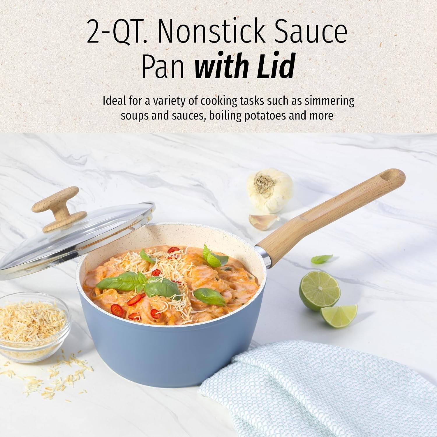 Healthy Ceramic Titanium-Infused 2 Quart Saucepan with Lid, Light Blue – Indu…