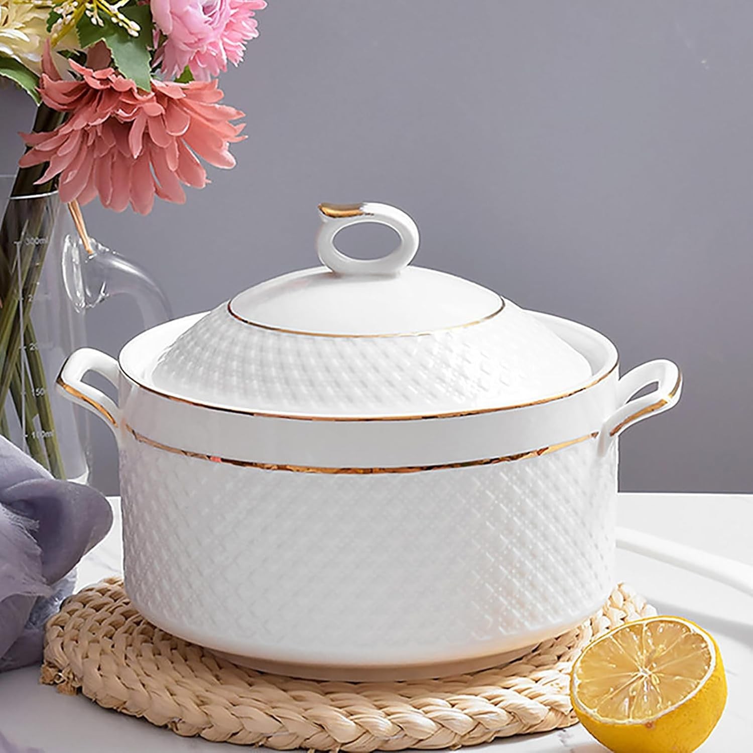 White Soup Tureen with Gold Design,Double Handle Soup Serving Bowl with Lid and
