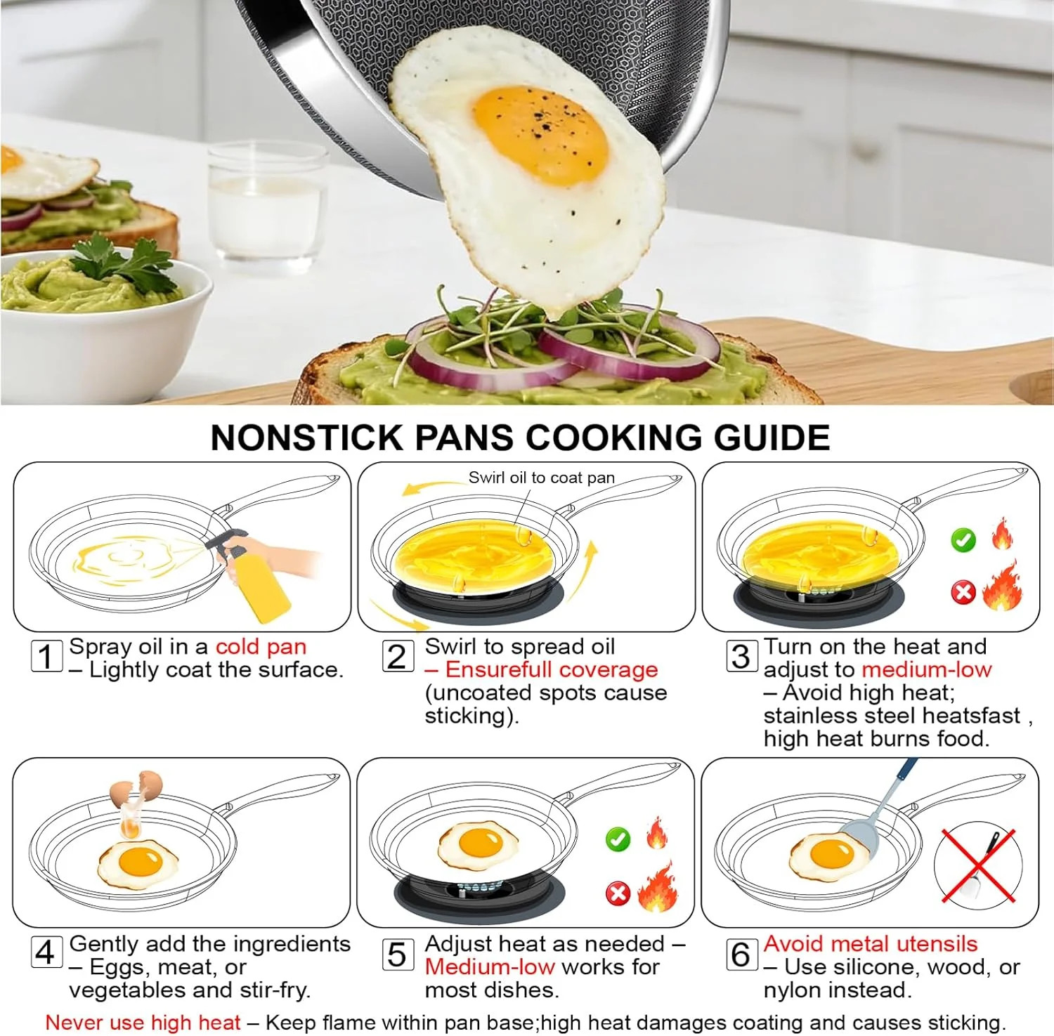 Non Stick Frying Pans, 12-inch with Lid, Hybrid Frying Pans Nonstick Stainless S