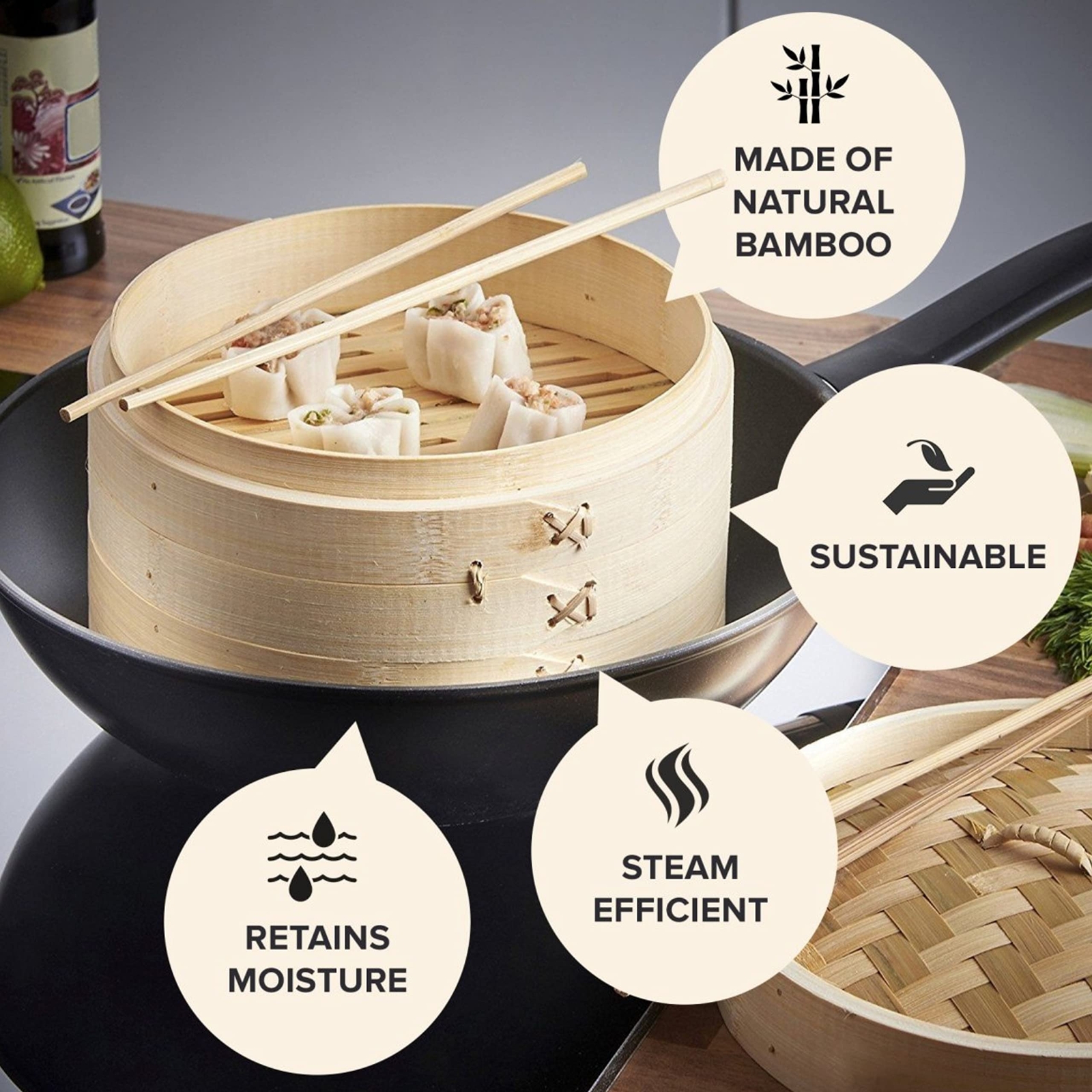 Prime Home Direct Bamboo Steamer Basket 10 inch, Dumpling Maker, Vegetable Steam