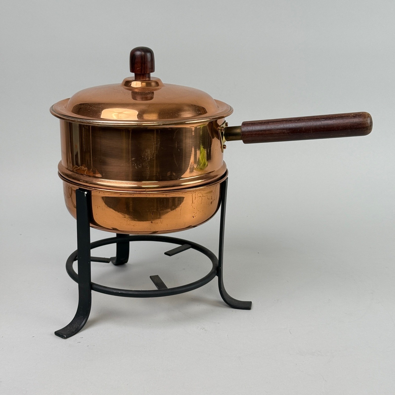 Vintage Copper Double Boiler Pot with Wood Handle and Stand Fondue Set