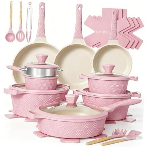 Pots and Pans Set Non Stick, 26PCS Nonstick Cookware Set, Induction Cook Pink