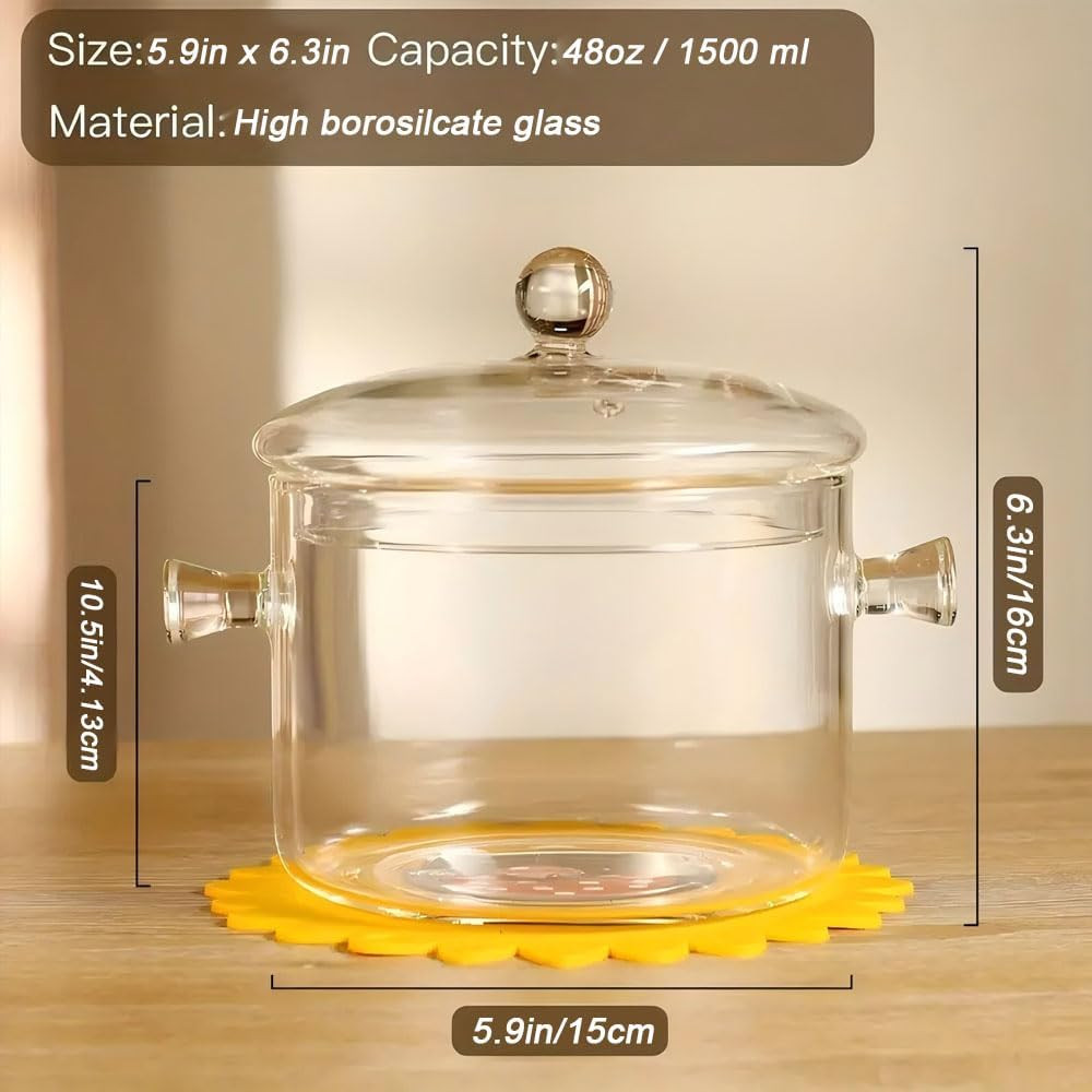 Glass Cooking Pot – 1.5L/50Oz Heat-Resistant Borosilicate Glass Handmade Cookwar