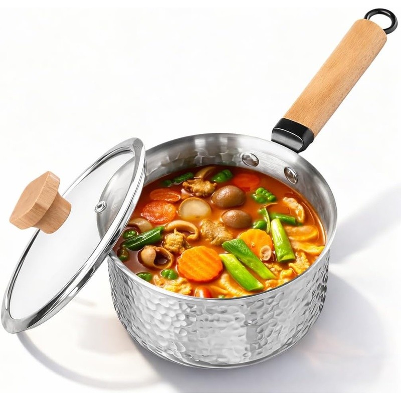 Tri-Ply Stainless Steel Saucepan Glass Lid Cool-Touch Handle Induction Ready New