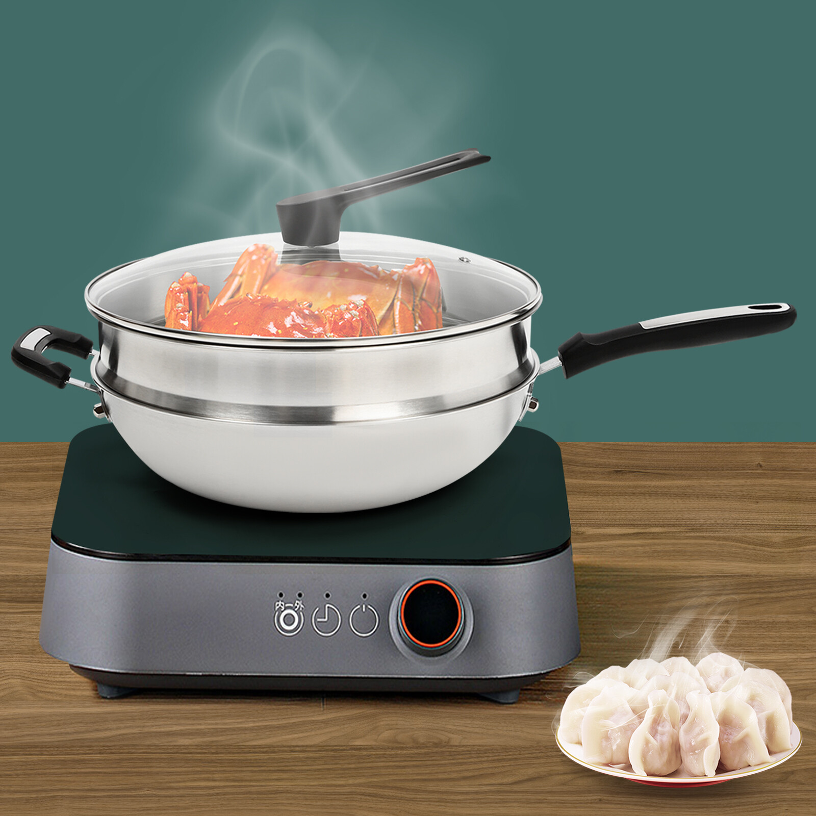 Nonstick Cooking Honeycomb Wok Pan w/Lid Steamer Pot Gas Cooktop Stainless Steel