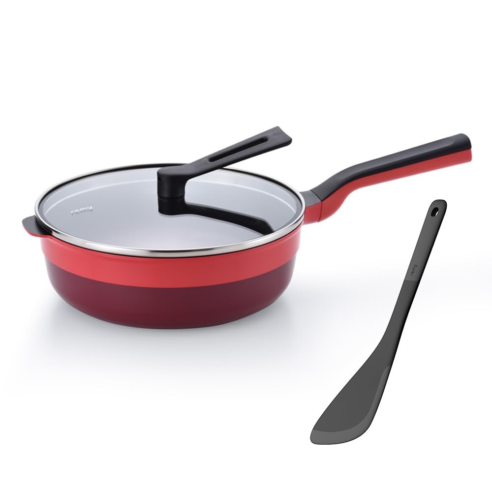 Remy RemyPan Plus 24cm Deep Frying Pan Red + Spatula Lid IH Gas Japan
