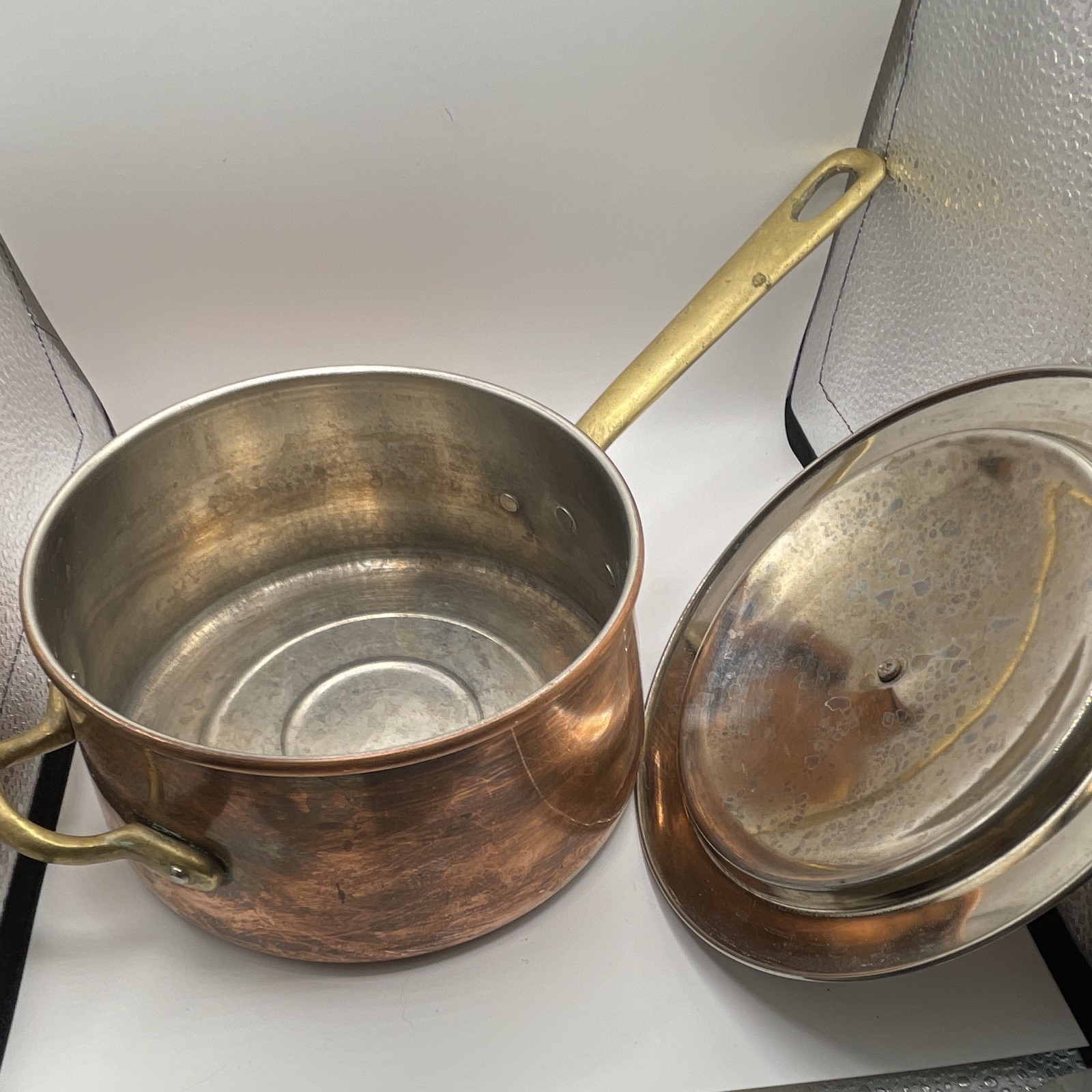 Copper 2 qt Saucepan w/ Lid, Brass Double Long Handles, Round, Gas/Electric