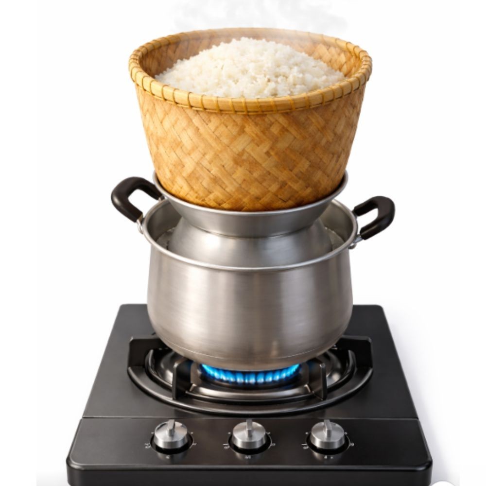 2-Piece Thai Sticky Rice Steamer Aluminum Pot with Bamboo Basket Huad Cooker Set