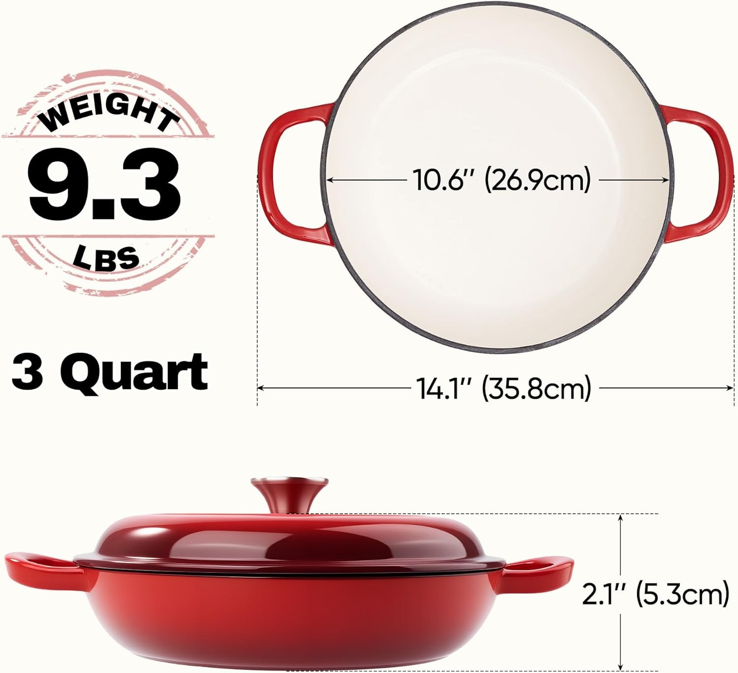 3 Quart Enameled Cast Iron Braiser, Non Stick Enameled Cast Iron Skillet with